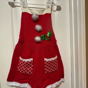 No Boundaries Christmas Red Knit Romper with Pom-Poms